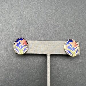 Vintage Cloisonne Enamel Clip On Earrings Blue Pink Lily Floral Oval Gold Tone